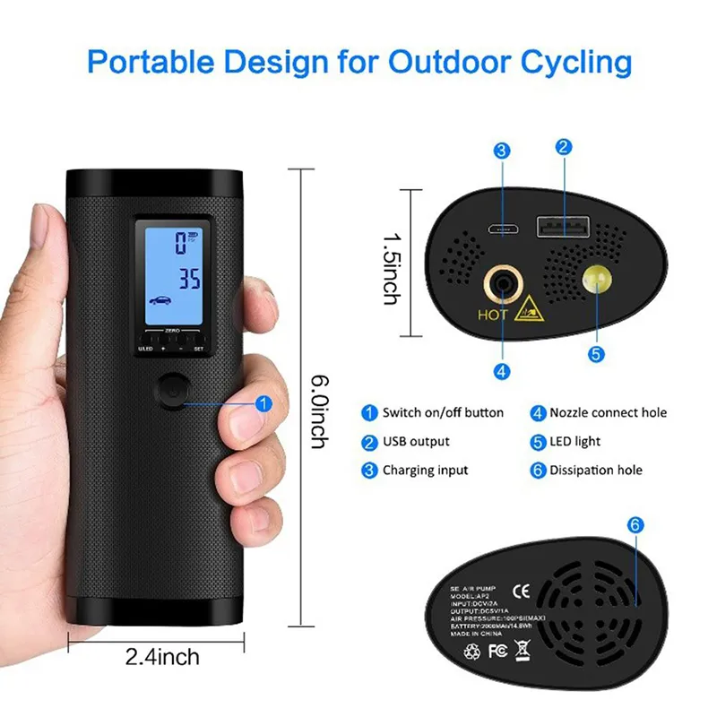 Portable Air Bike Pump Mini Electric Inflator Rechargeable Air Pump Auto Car Inflatable Rechargeable Compressor