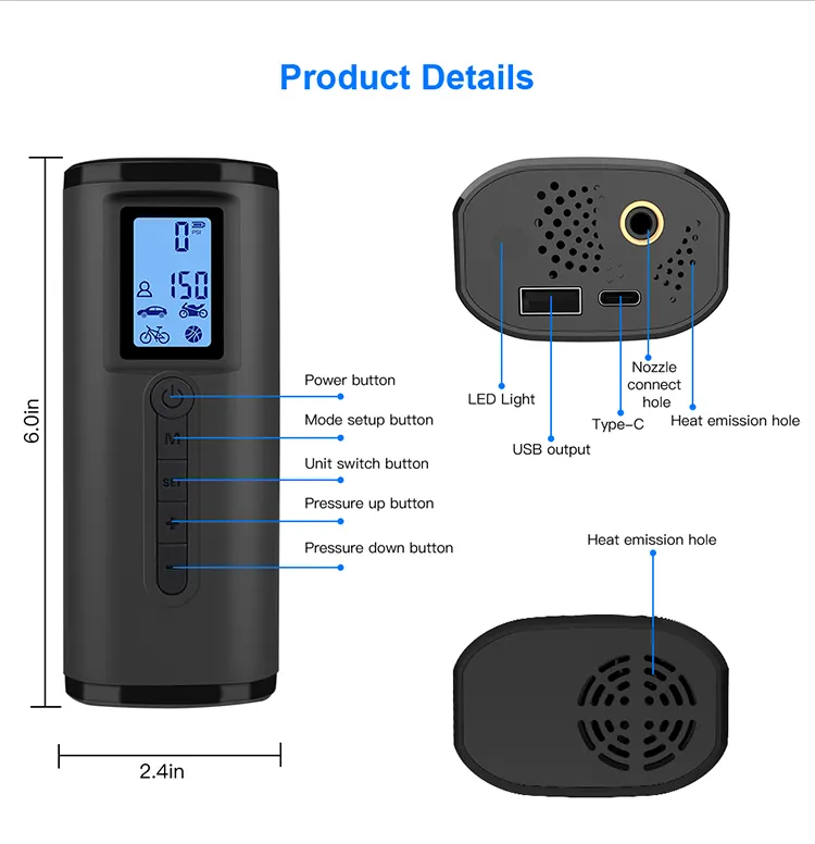 Portable Air Bike Pump Mini Electric Inflator Rechargeable Air Pump Auto Car Inflatable Rechargeable Compressor