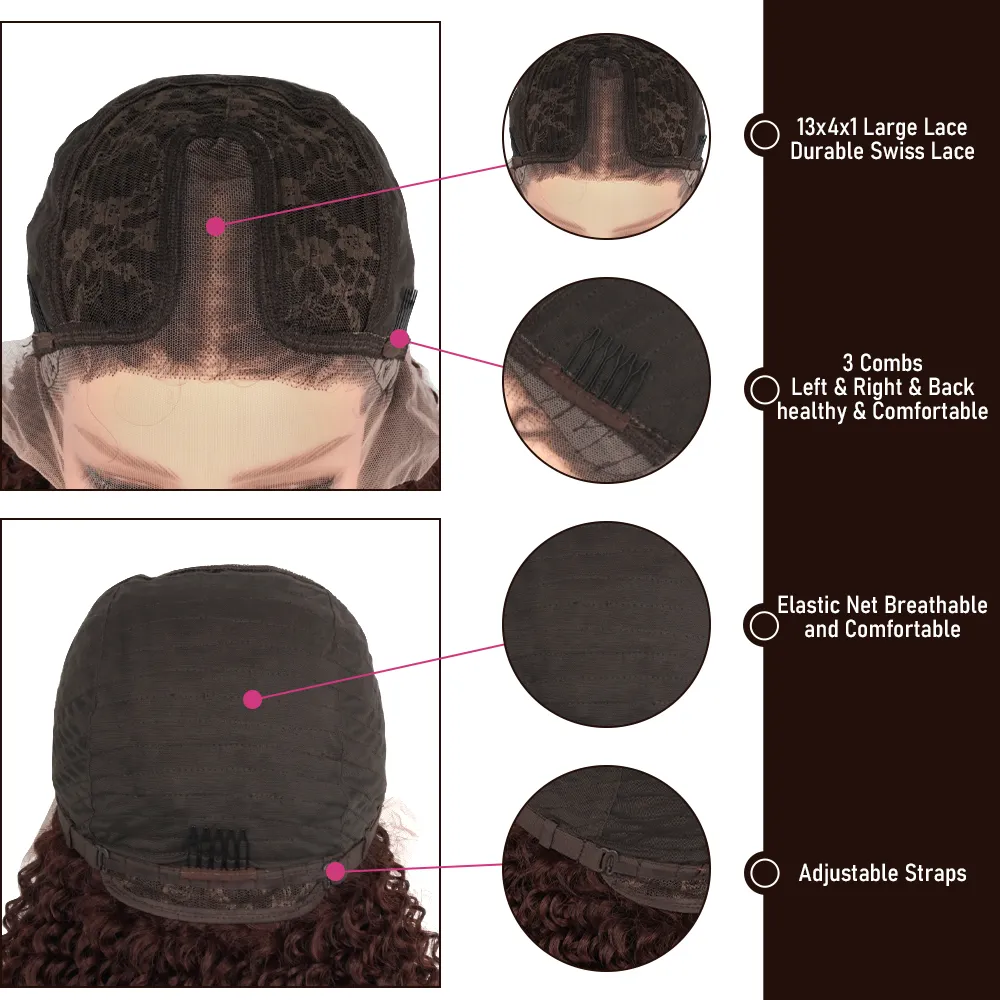 Reddish Brown Kinky Curly Wig Synthetic Lace Front Wigs For Women Copper Red Pre Plucked With Baby Hair Lace Closured Wig