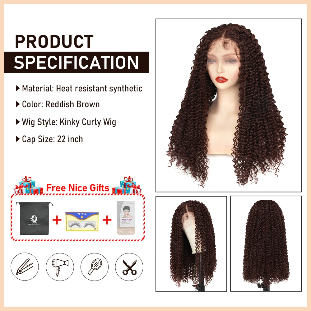 Reddish Brown Kinky Curly Wig Synthetic Lace Front Wigs For Women Copper Red Pre Plucked With Baby Hair Lace Closured Wig