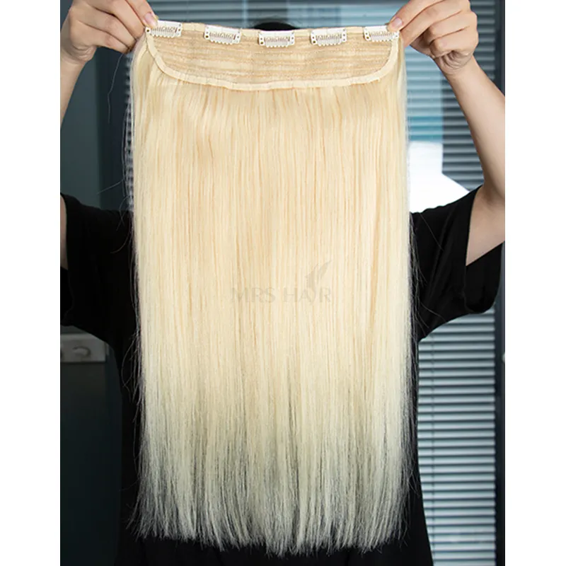 MRSHAIR One Piece Clip In Human Hair Straight Natural Hair Extensions 5 Clips Add Volume Clip-On Hair 14 18 22 inch #613 Blonde