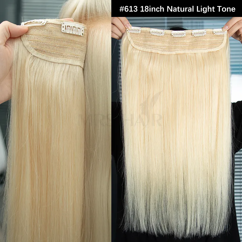 MRSHAIR One Piece Clip In Human Hair Straight Natural Hair Extensions 5 Clips Add Volume Clip-On Hair 14 18 22 inch #613 Blonde