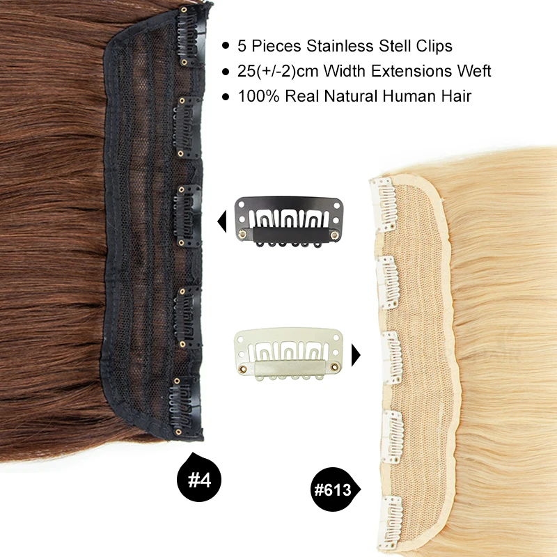 MRSHAIR One Piece Clip In Human Hair Straight Natural Hair Extensions 5 Clips Add Volume Clip-On Hair 14 18 22 inch #613 Blonde