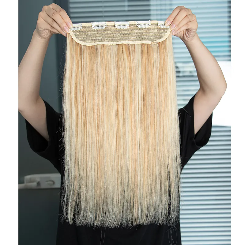 MRSHAIR One Piece Clip In Human Hair Straight Natural Hair Extensions 5 Clips Add Volume Clip-On Hair 14 18 22 inch #613 Blonde
