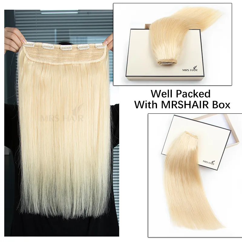 MRSHAIR One Piece Clip In Human Hair Straight Natural Hair Extensions 5 Clips Add Volume Clip-On Hair 14 18 22 inch #613 Blonde