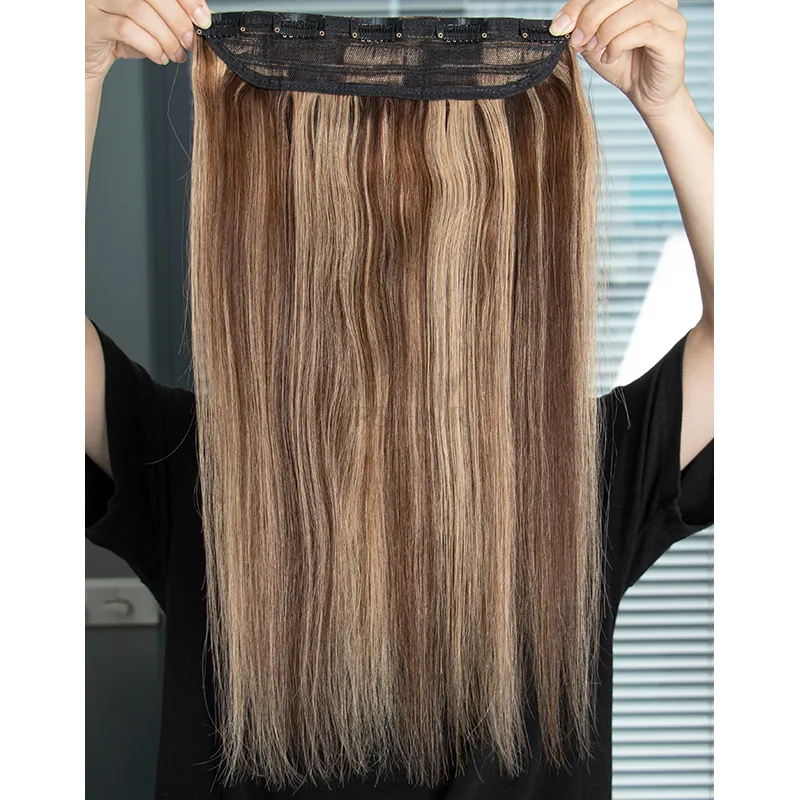 MRSHAIR One Piece Clip In Human Hair Straight Natural Hair Extensions 5 Clips Add Volume Clip-On Hair 14 18 22 inch #613 Blonde