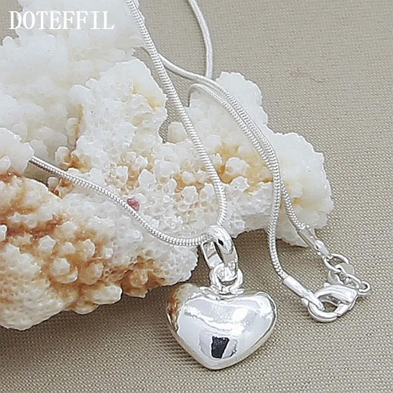 DOTEFFIL Silver Color Solid Small Heart Pendant Necklace 16-30 Inch Snake Chain For Women Wedding Charm Fashion Jewelry