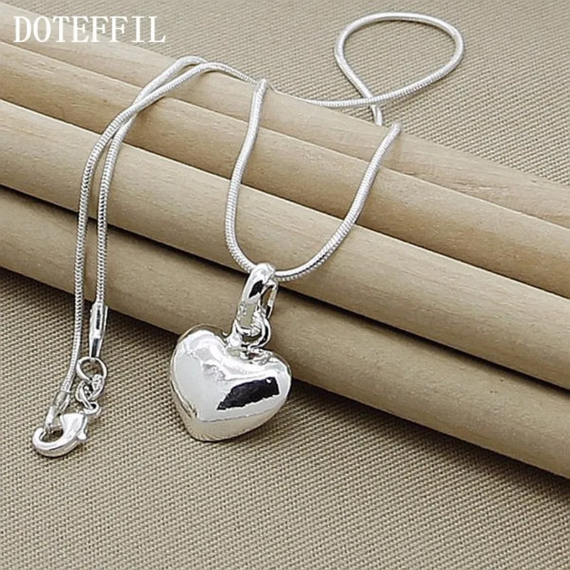 DOTEFFIL Silver Color Solid Small Heart Pendant Necklace 16-30 Inch Snake Chain For Women Wedding Charm Fashion Jewelry