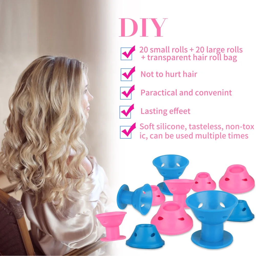 40Pcs Magic Silicone Hair Rollers Heatless Overnight Soft Rubber Twist Curls Waves DIY Hair Curling Styling Tool for Women Girls