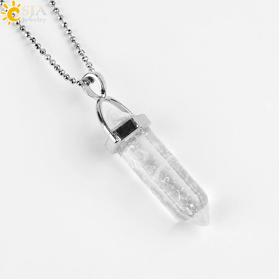 CSJA Real Raw Pink Purple Gem Crystals Necklace Hexagonal Bullet Reiki Chakra Natural Stone Necklace Pendant Women Jewelry E056