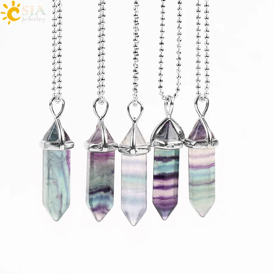 CSJA Real Raw Pink Purple Gem Crystals Necklace Hexagonal Bullet Reiki Chakra Natural Stone Necklace Pendant Women Jewelry E056