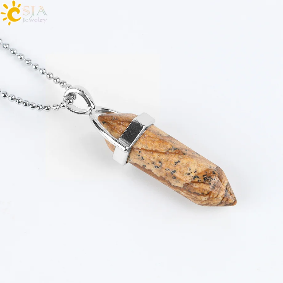 CSJA Real Raw Pink Purple Gem Crystals Necklace Hexagonal Bullet Reiki Chakra Natural Stone Necklace Pendant Women Jewelry E056