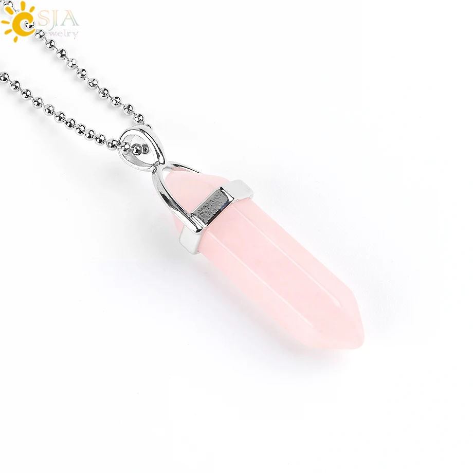 CSJA Real Raw Pink Purple Gem Crystals Necklace Hexagonal Bullet Reiki Chakra Natural Stone Necklace Pendant Women Jewelry E056
