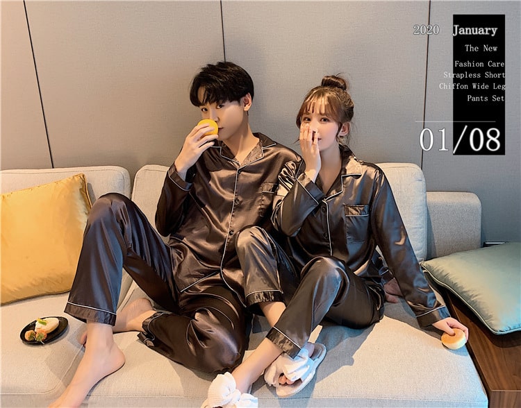 Solid Color Sleepwear Silk Satin Pajamas Couple Set Long Button-Down Pyjamas Suit Pijama Women Men Loungewear Plus Size Pj Set