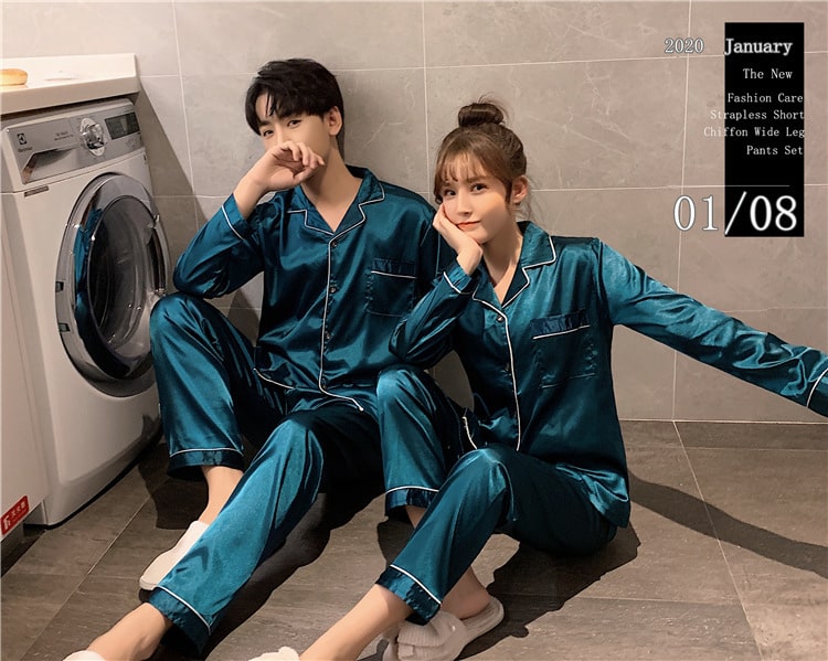Solid Color Sleepwear Silk Satin Pajamas Couple Set Long Button-Down Pyjamas Suit Pijama Women Men Loungewear Plus Size Pj Set