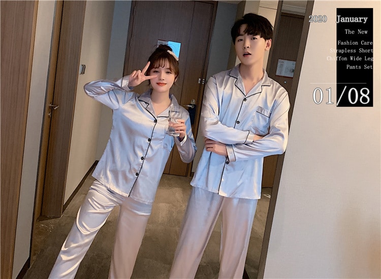 Solid Color Sleepwear Silk Satin Pajamas Couple Set Long Button-Down Pyjamas Suit Pijama Women Men Loungewear Plus Size Pj Set