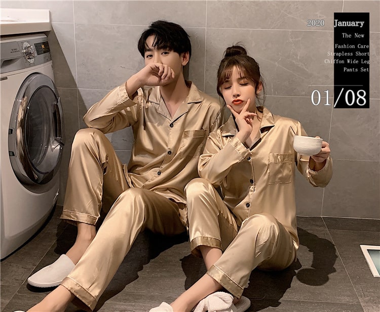 Solid Color Sleepwear Silk Satin Pajamas Couple Set Long Button-Down Pyjamas Suit Pijama Women Men Loungewear Plus Size Pj Set