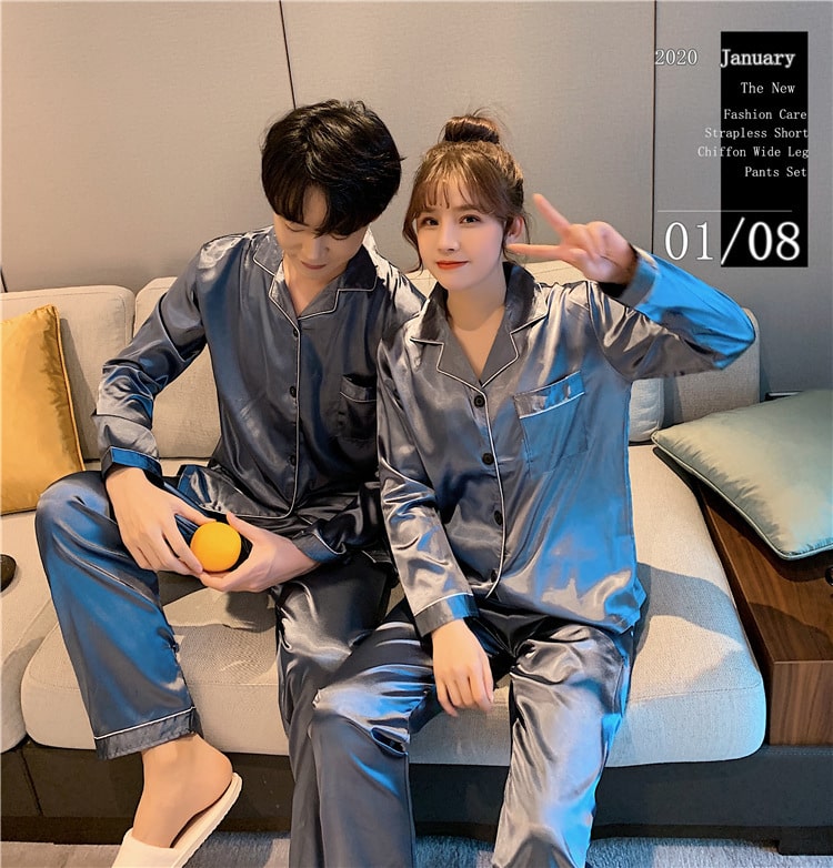 Solid Color Sleepwear Silk Satin Pajamas Couple Set Long Button-Down Pyjamas Suit Pijama Women Men Loungewear Plus Size Pj Set