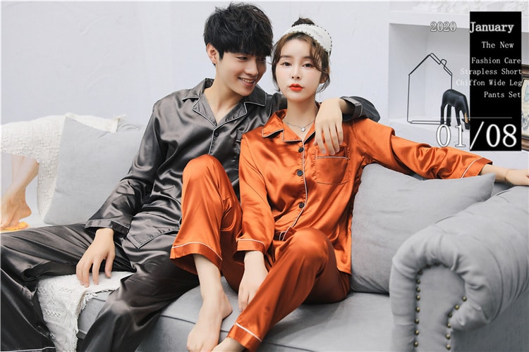 Solid Color Sleepwear Silk Satin Pajamas Couple Set Long Button-Down Pyjamas Suit Pijama Women Men Loungewear Plus Size Pj Set