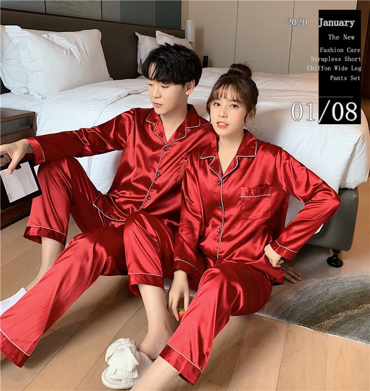 Solid Color Sleepwear Silk Satin Pajamas Couple Set Long Button-Down Pyjamas Suit Pijama Women Men Loungewear Plus Size Pj Set