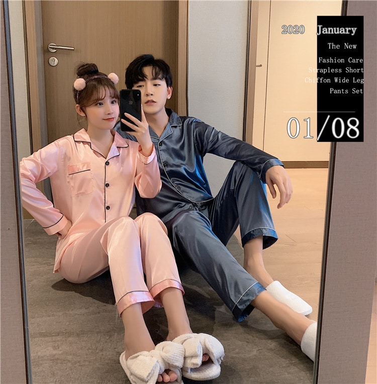 Solid Color Sleepwear Silk Satin Pajamas Couple Set Long Button-Down Pyjamas Suit Pijama Women Men Loungewear Plus Size Pj Set