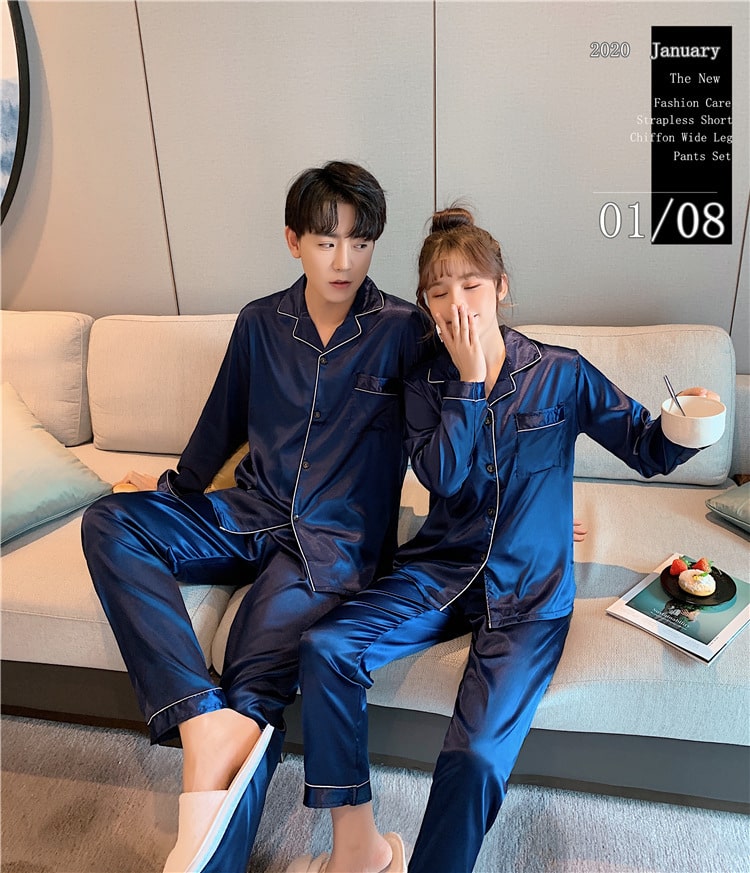 Solid Color Sleepwear Silk Satin Pajamas Couple Set Long Button-Down Pyjamas Suit Pijama Women Men Loungewear Plus Size Pj Set