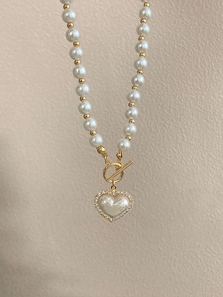 Elegant Pearl Necklace For Women Heart Pendant Necklaces Luxury Imitation Pearls Chain Necklaces Korean Jewelry Girls Gifts