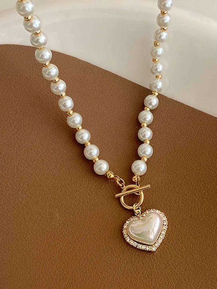 Elegant Pearl Necklace For Women Heart Pendant Necklaces Luxury Imitation Pearls Chain Necklaces Korean Jewelry Girls Gifts