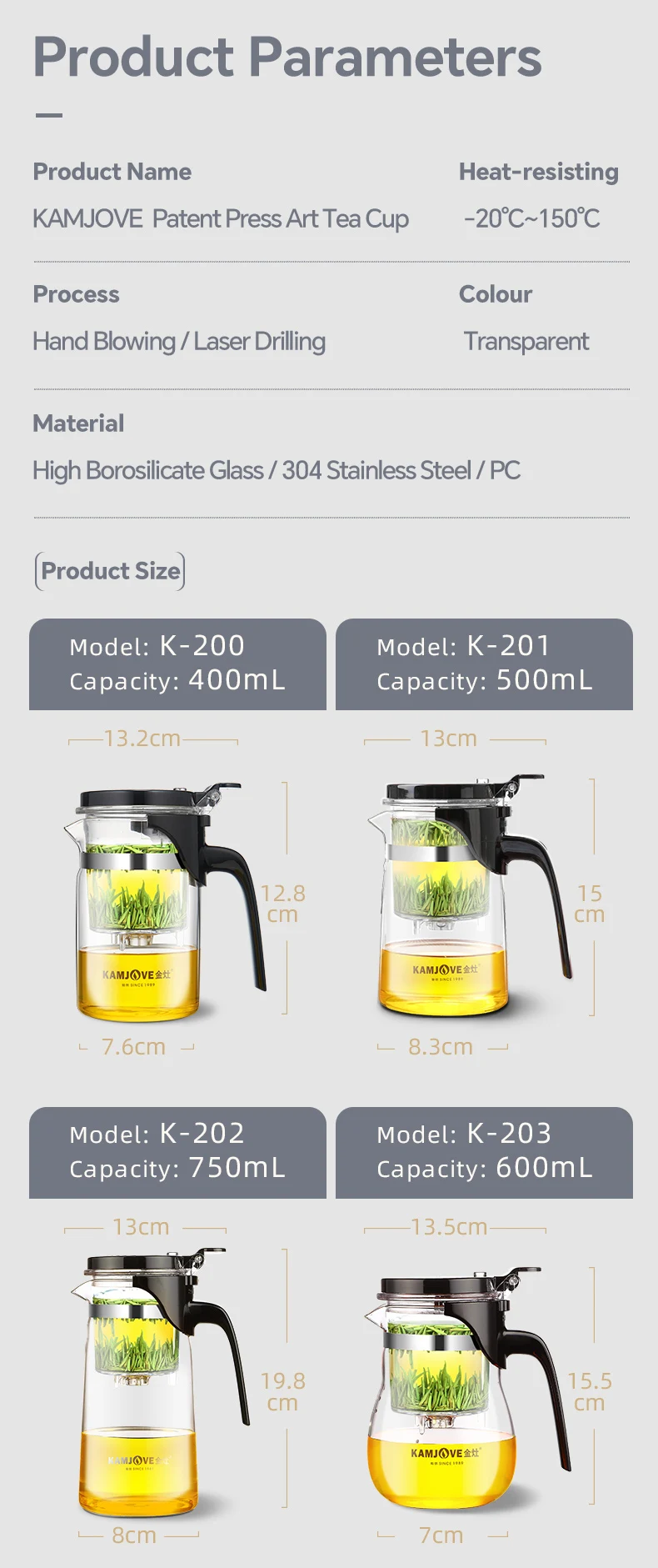 KAMJOVE Teapot Infuser Glass Tea Set One-button Filtering Tea Separation Kettle Tea Coffee Maker Press AUTO-OPEN Art Tea Cup