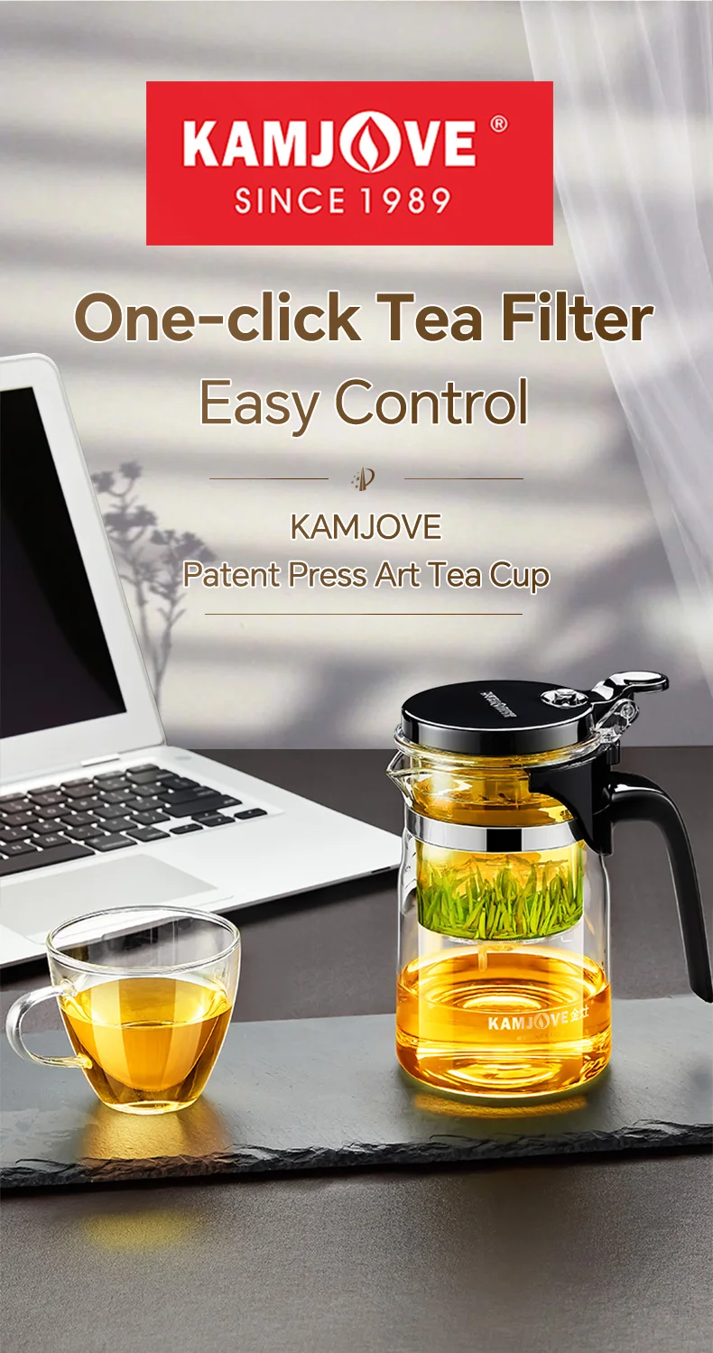 KAMJOVE Teapot Infuser Glass Tea Set One-button Filtering Tea Separation Kettle Tea Coffee Maker Press AUTO-OPEN Art Tea Cup