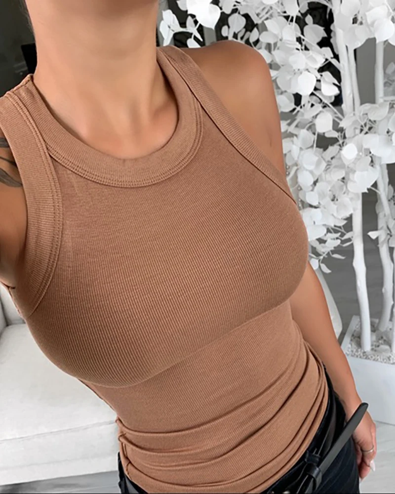 Women Solid Round Neck Ribbed Tank