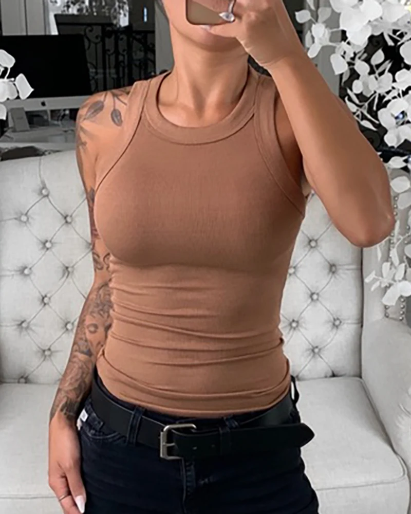 Women Solid Round Neck Ribbed Tank