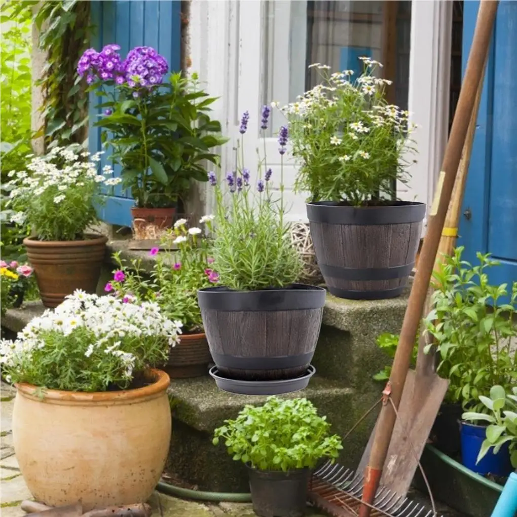 Simulation Wood Barrels 9 Inch Resin Flower Pot