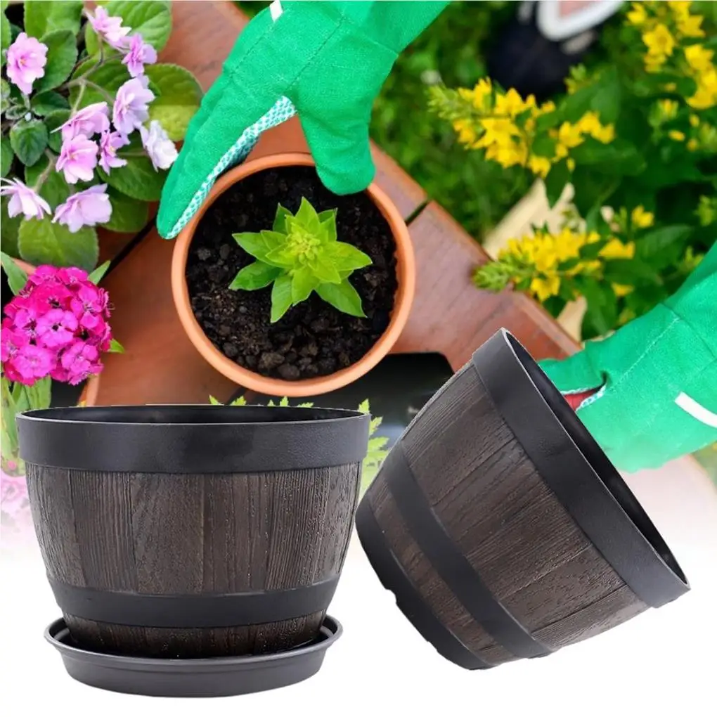 Simulation Wood Barrels 9 Inch Resin Flower Pot