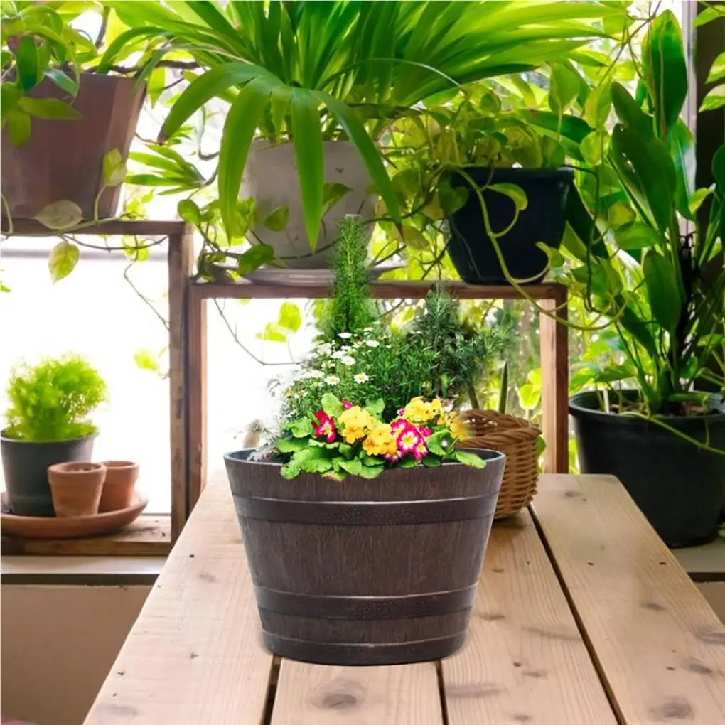 Simulation Wood Barrels 9 Inch Resin Flower Pot