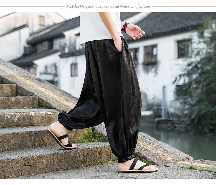 FGKKS 2023 Outdoor Brand Pants For Men Lce Silk Dragon Dark Flower Loose Bloomers High Quality Wide Leg Casual Trousers Male