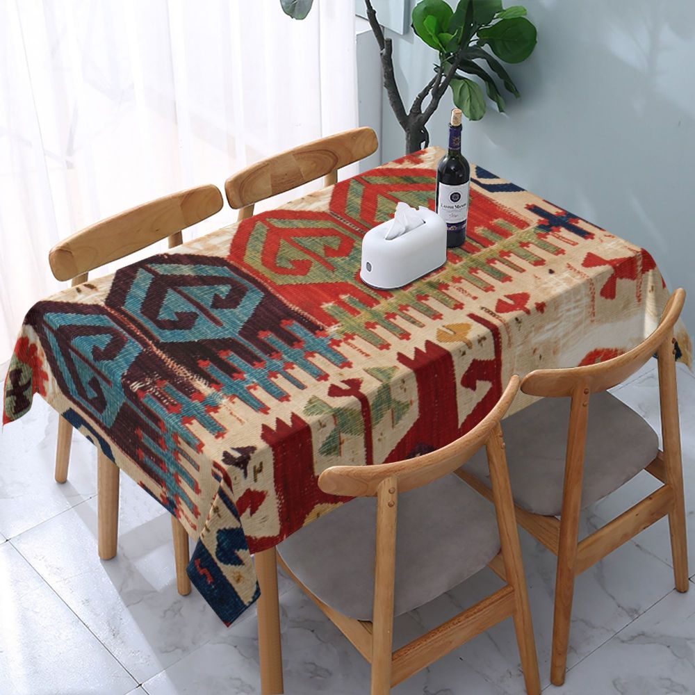 Cal Antique Turkish Kilim Tablecloth Backing Elastic Edge Table Covers Bohemian Ethnic Vintage Persian Carpet Tribal Table Cloth