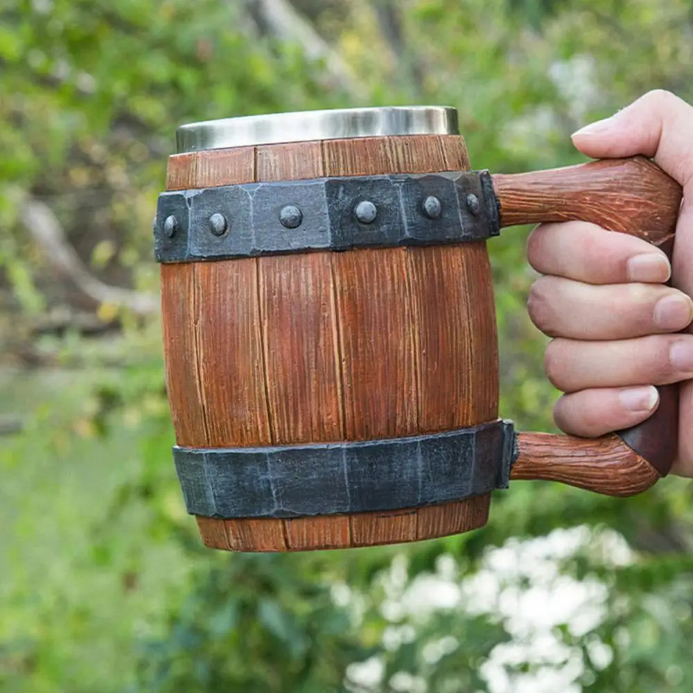Viking Retro Beer Mug Resin handmade imitation wood Retro beer mug Personalized bar KTV large wine glass Stainless