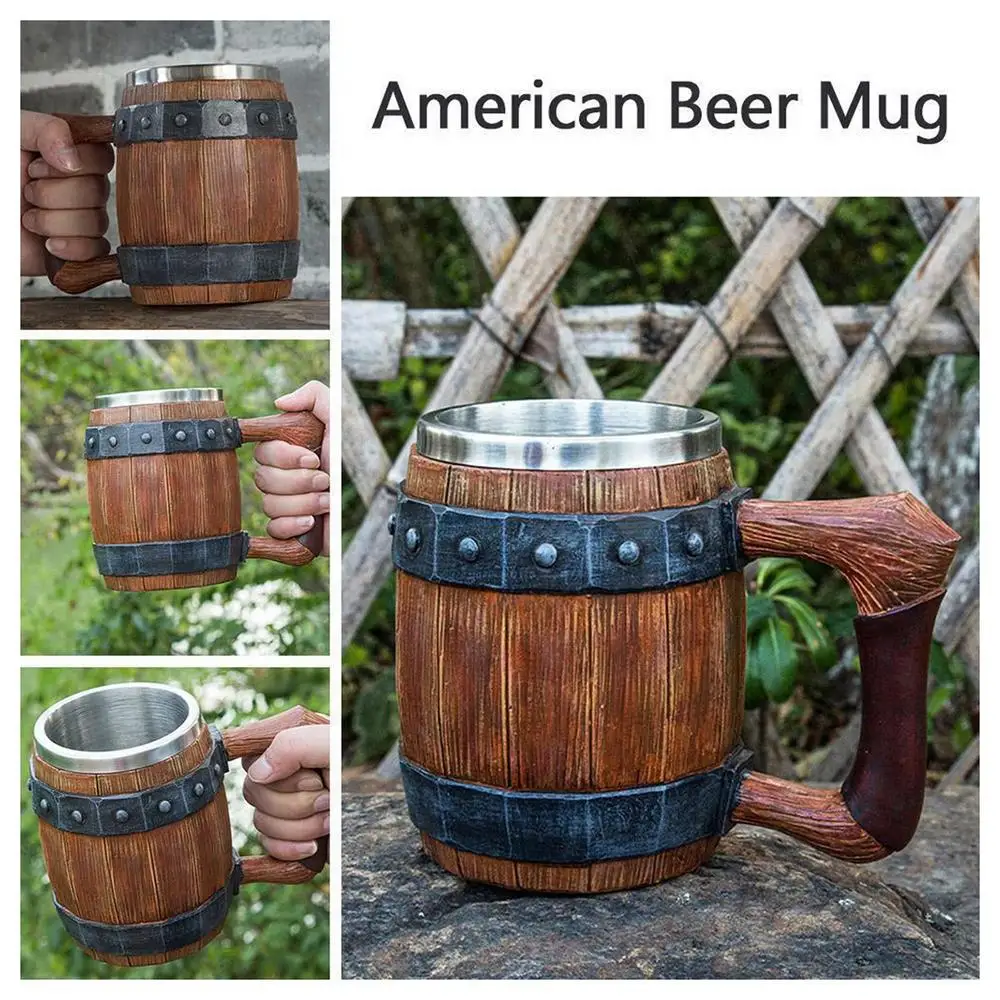 Viking Retro Beer Mug Resin handmade imitation wood Retro beer mug Personalized bar KTV large wine glass Stainless